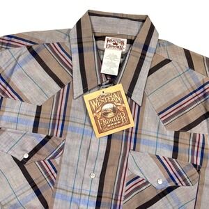 VTG Western Frontier Pearl Snap Shirt Men L Brown Blue Plaid Short Sleeve NEW